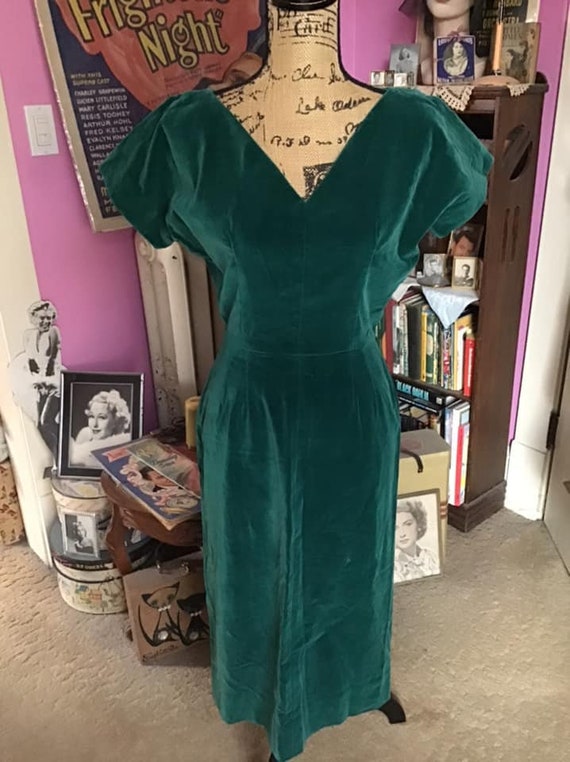 Vintage 1950's Dress Dark Deep Green Velvet Wiggle