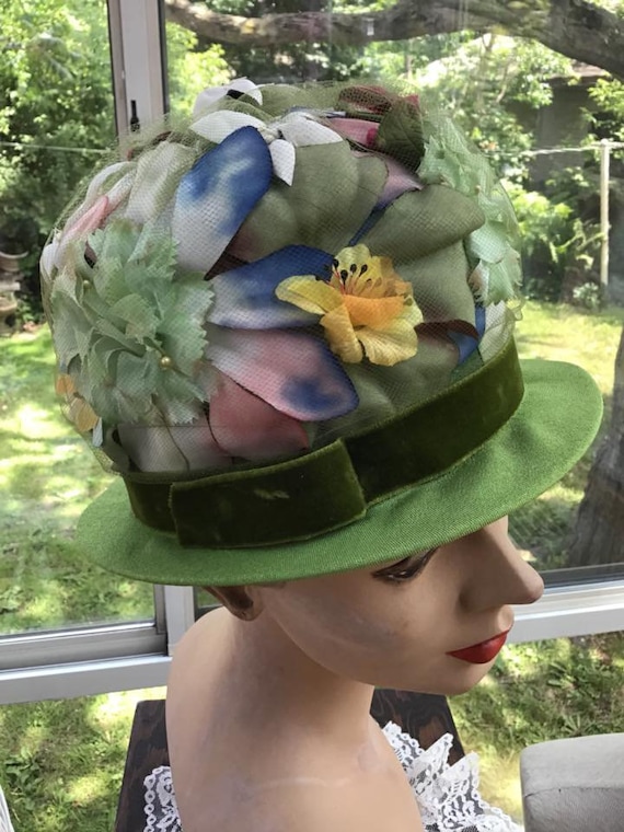 Green Artistic Hat with Floral Accents Elegant Green Floral Hat With Pink Floral Accents. - Etsy main image 4