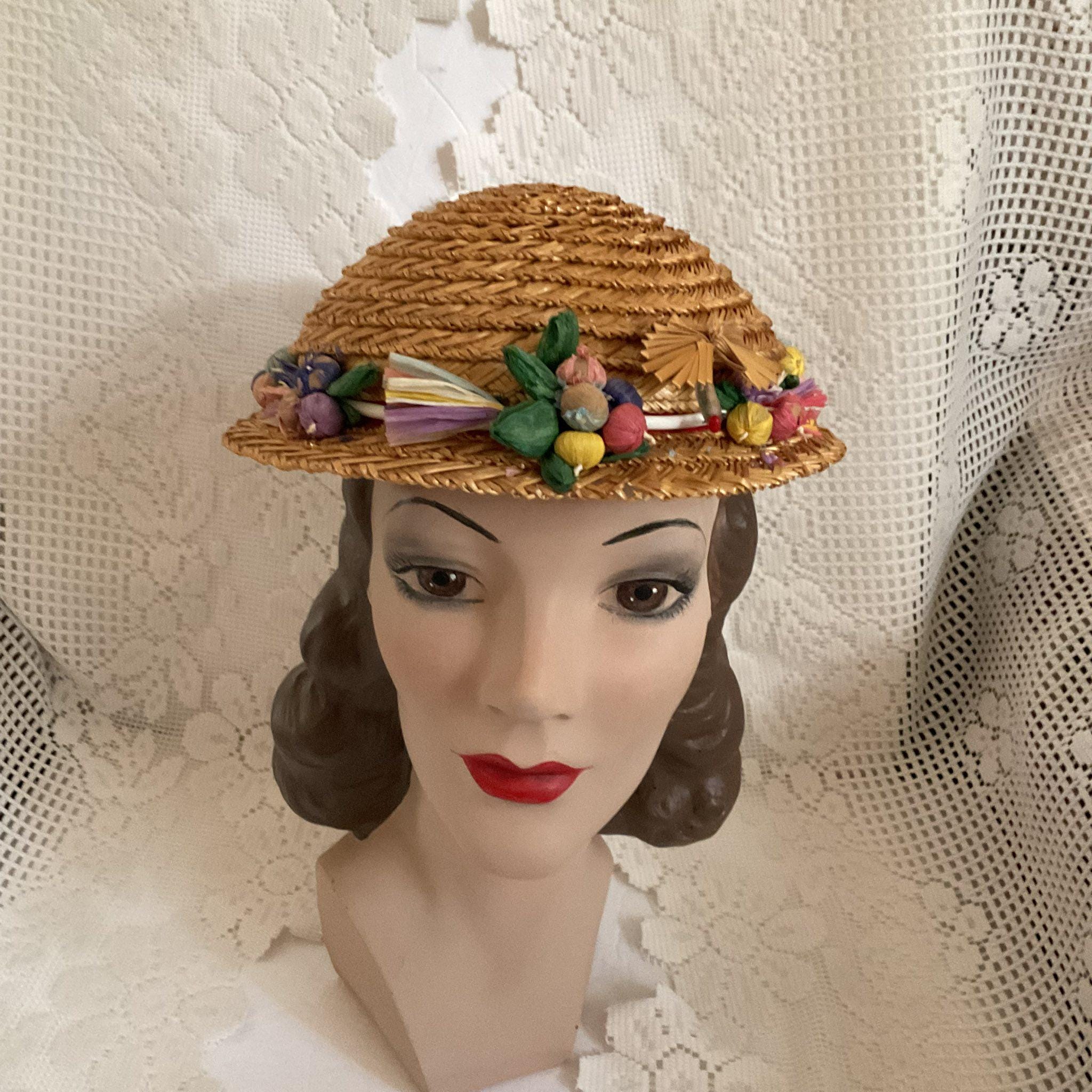 ADORABLE 1950s\' BROWN STRAW WIDE BRIM HAT + FABRIC FLOWERS Antique Black Straw Hat Wide Brim pre 1920s – Poppy main image 4