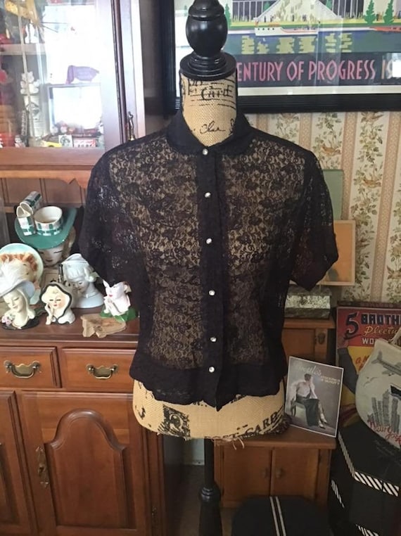 Vintage 1950's 1960's Blouse Shear Black Lace Faux