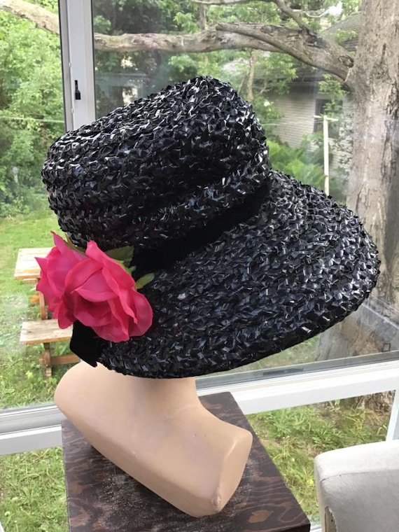 1960s vintage wide brim black straw hat Vintage 1960s Sun Hat Black Wide Brim Straw Mod Summer Black  main image 4