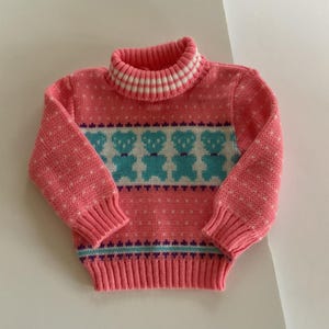 Vintage 1970&#39;s Sweater Pullover Turtleneck LITTLE GIRLS SIZE *Confetti Knits* Pink Aqua Purple All Acrylic Bears Design