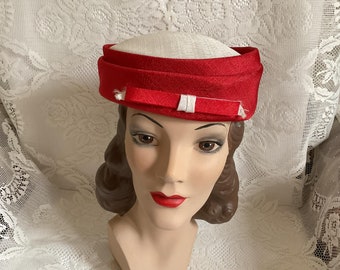 Vintage 1960's Hat Pillbox Style Red And Off White Bow Design In Front No Makers Label Or Tag