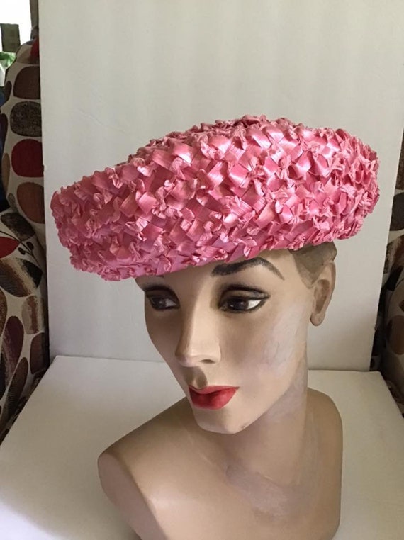 Vintage 1960's Hat Pretty Pink Cellophane Straw W… - image 7