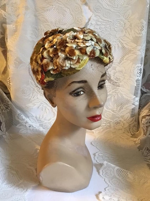 Vintage 1950's Hat Velvet Flowers In Browns And R… - image 3