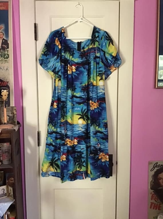 Vintage 1980's 1990's Dress Hawaiian Print Cotton 