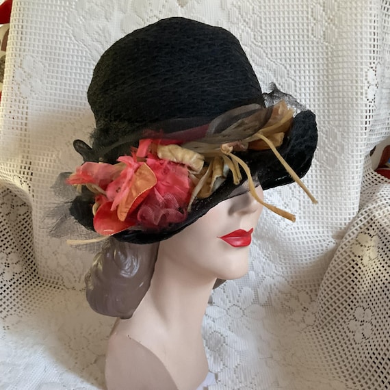 Edwardian Antique Hat Dark Black Horsehair Pink Flower Silk  display picture 2
