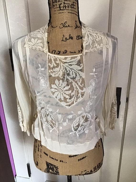 Edwardian 1920's Blouse Light Cream Sheer Silk Chi