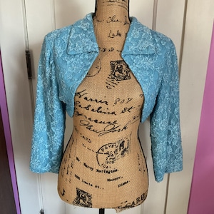 Vintage 1950&#39;s 1960&#39;s Bolero Jacket Teal Color Lace Over Satin Clear Beads Throughout No Label SOLD AS IS!!