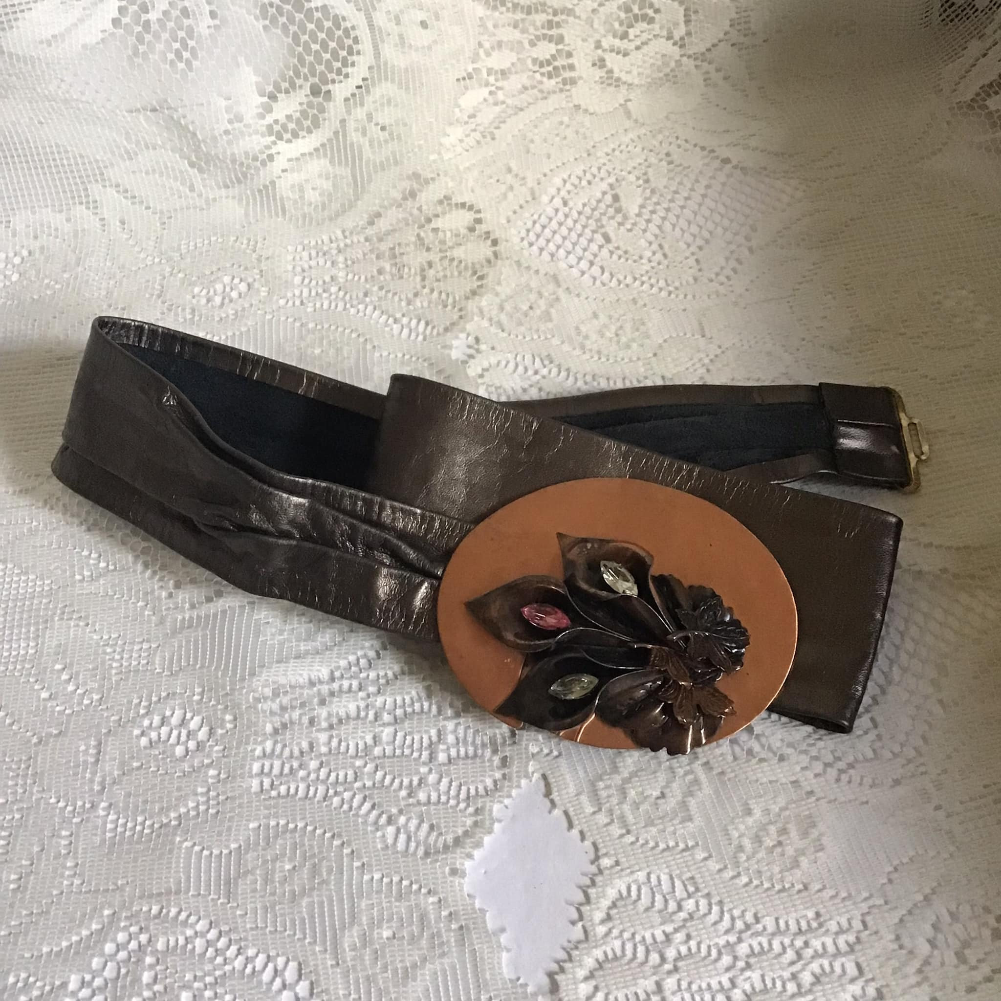 Vintage 90s‎ Reynold Mejer Leather Belt Copper Calla Lily Rhinestone Buckle 35\