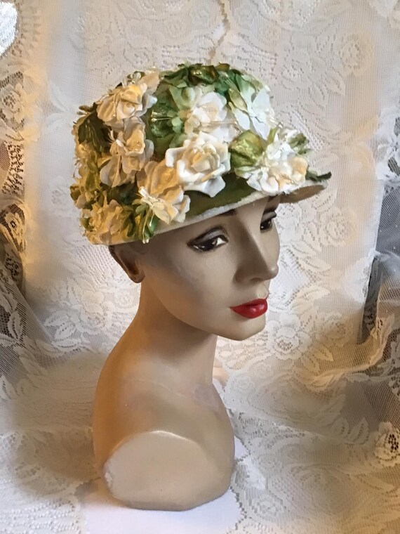 Vintage Floral Lined Olive Green Bucket 1960 Hat Vintage Green Mesh Hat with Leaves and Tiny Flowers, 1960s  main image 3