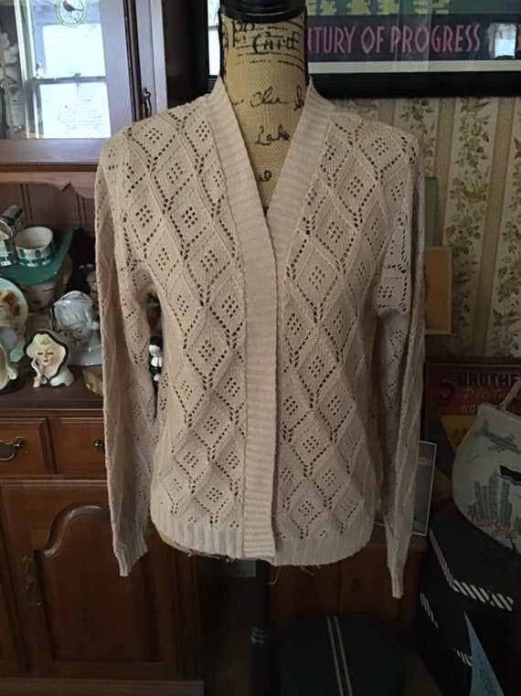 Vintage 1970's Sweater Cardigan Light Beige With … - image 1