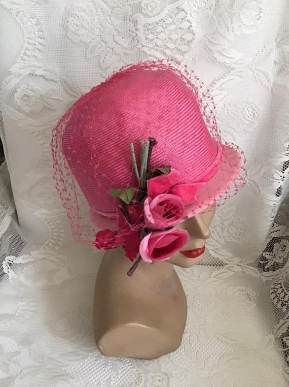 Vintage 1960's Hat Pink Straw With Pink Flowers N… - image 5