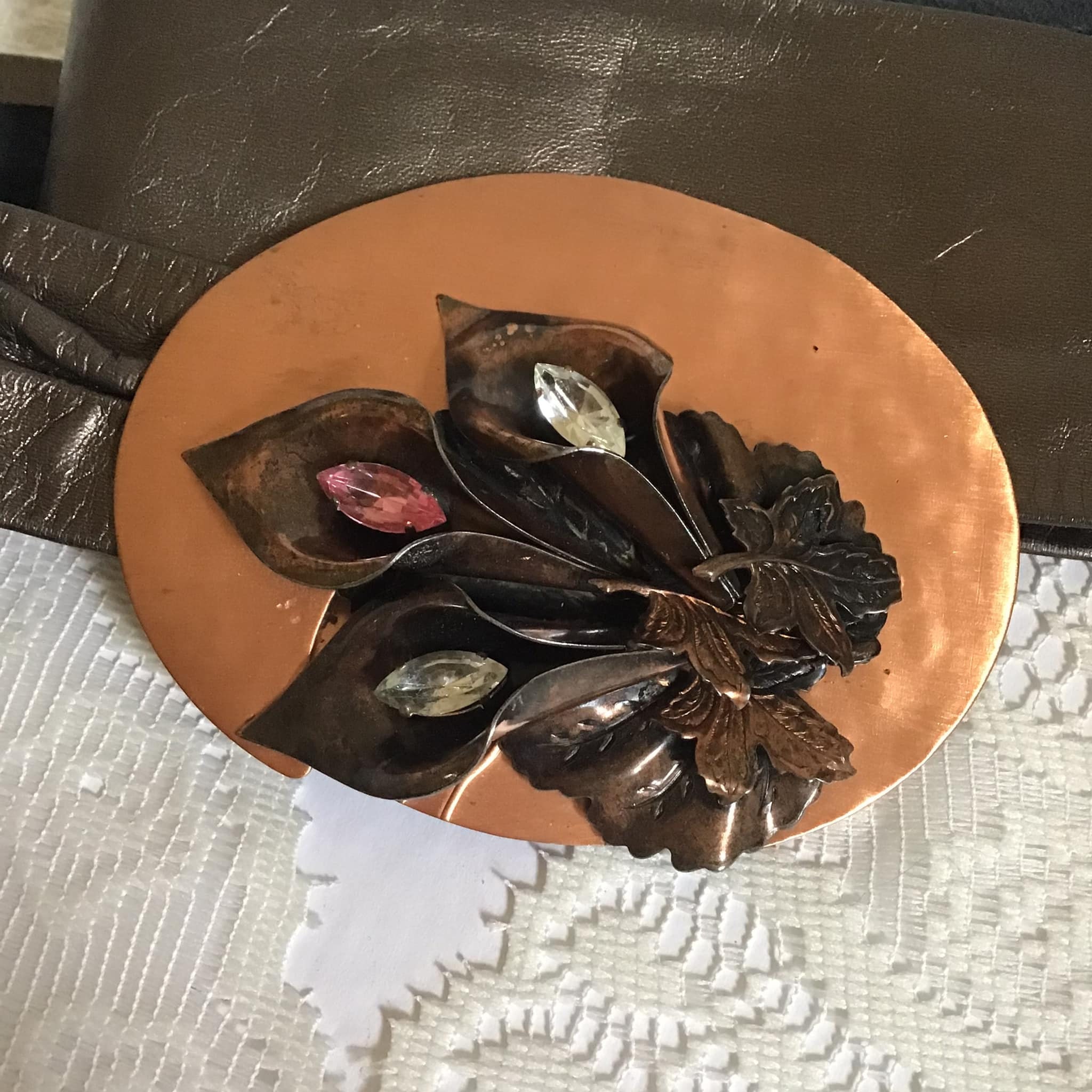 Vintage 90s‎ Reynold Mejer Leather Belt Copper Calla Lily Rhinestone Buckle 35\