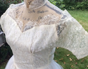 Vintage 1950s Dress Wedding Prom Formal White Satin Tulle Lace Two Layers Of Tulle