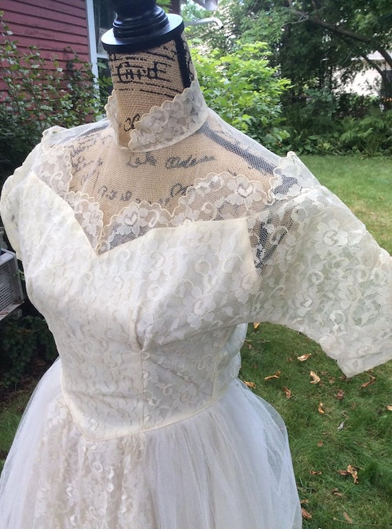 Vintage 1950s Dress Wedding Prom Formal White Sat… - image 1