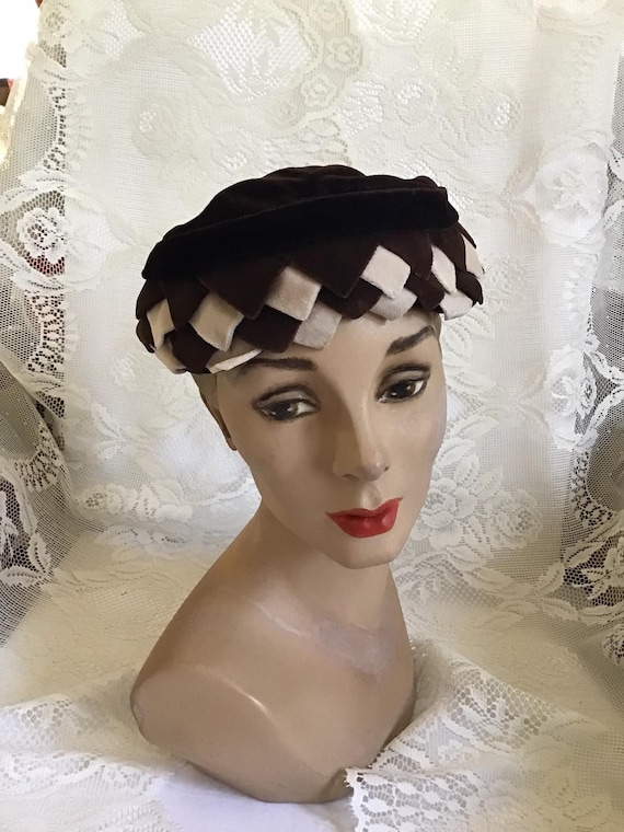 Vintage 1960's Hat Pillbox Dark Brown And Light B… - image 1