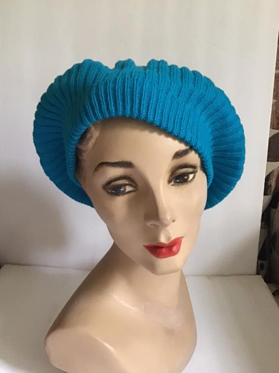 Vintage 1990's Hat Knit Beret Tam Style Dark Aqua… - image 7