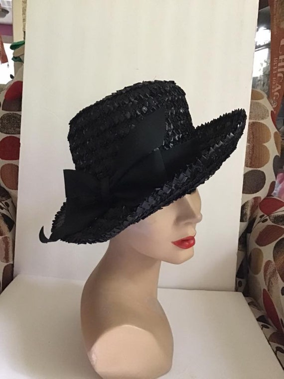 Vintage 1950's 1960's Hat Dark Black Cellophane S… - image 3