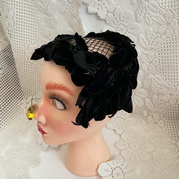 Vintage Black Velvet Beaded Hat Vintage Black Velvet Beaded Embellished Hat French Made Size  main image 2