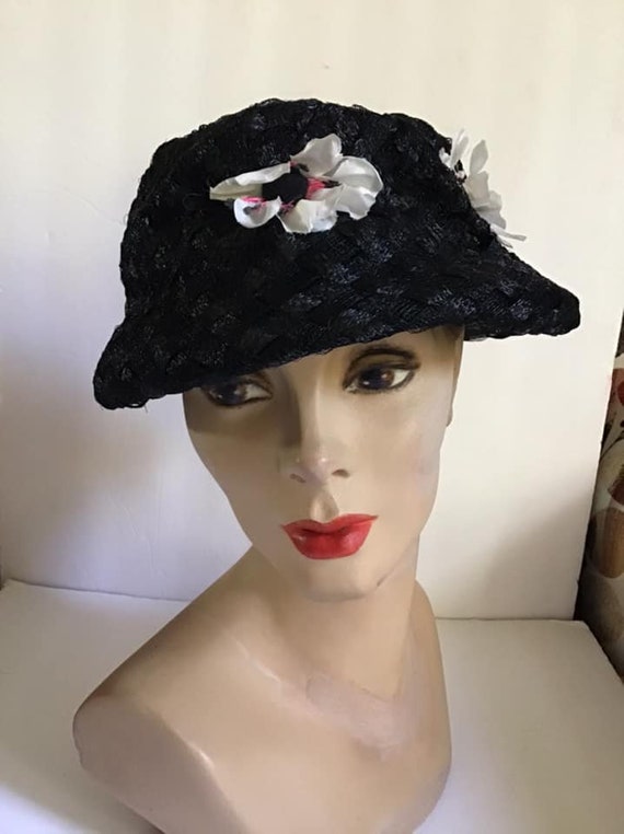 Vintage 1950's 1960's Hat Black Cellophane Straw … - image 3