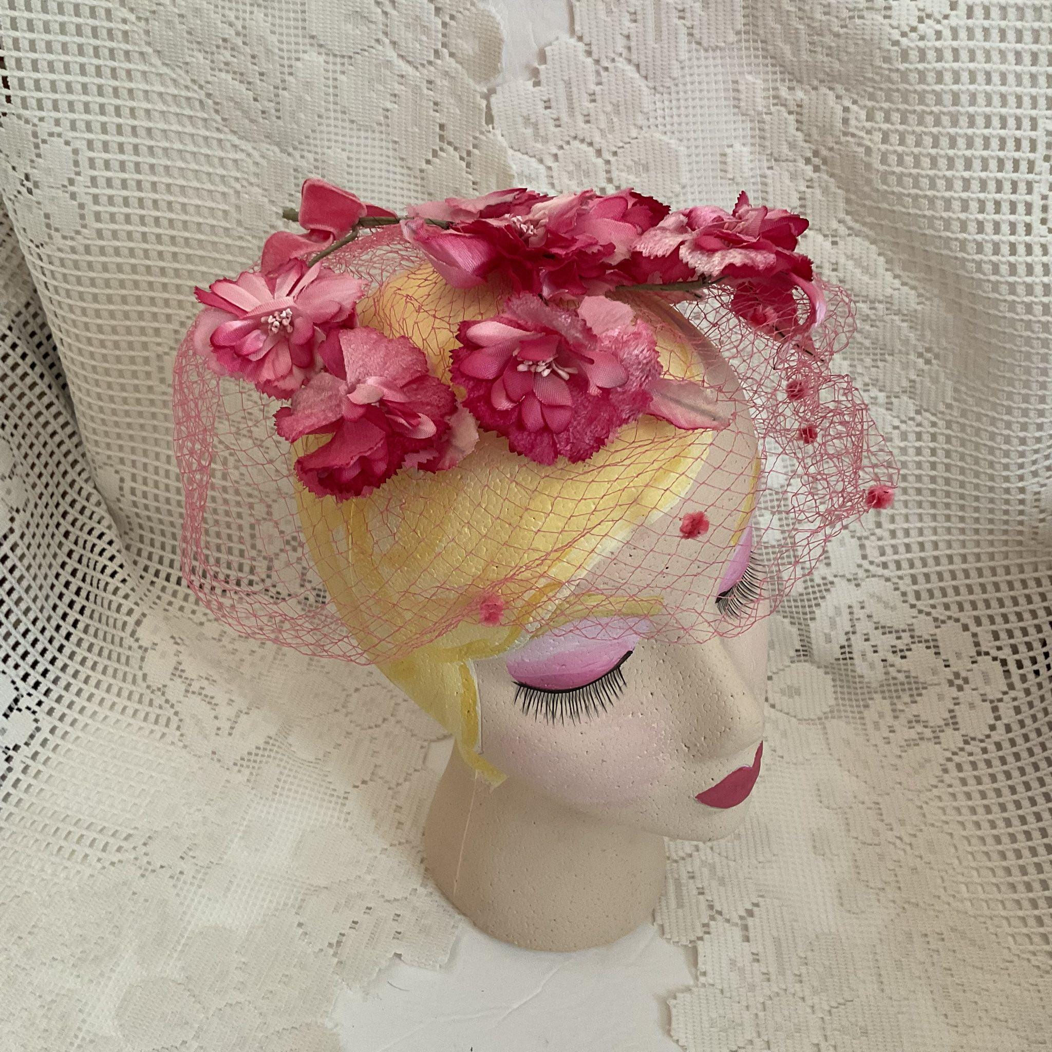 Vintage Union Made Pink Floral Fascinator‎ Hat With Veil & Netting pin-up Oversize Color Fascinator Head Piece Mesh | Mercari main image 4