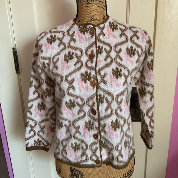 Vintage 1960's Cardigan Sweater Dark Brown Pink off White 100