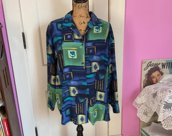 Vintage 1980's 1990's Blouse Top *LE CAVIAR* 100 % Polyester Silky-Feel Shoulder Pads Tagged Size Large SEE Measurements In Description