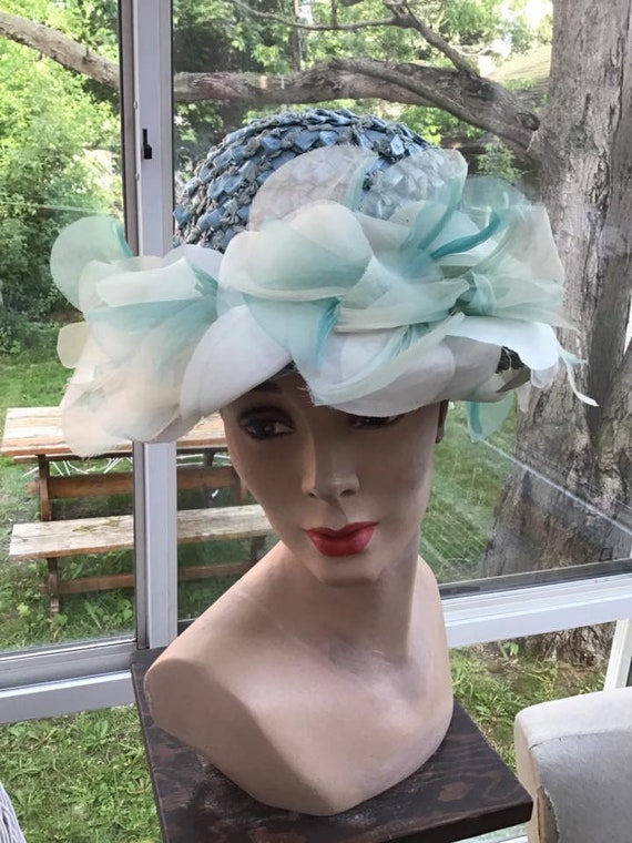 Pastel blue floral vintage hat Large brim blue silk hat with feathers and silk vintage  main image 3