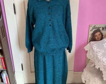 Vintage 1980's 1990's Skirt Sweater 2 Piece Set Teal/Black Acrylic *Apple Sider* Marled Knit