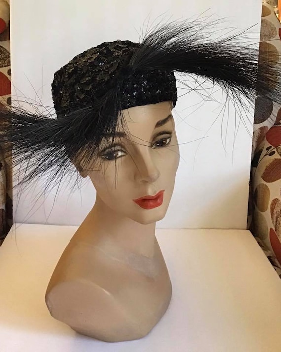 Vintage 1950's Hat FABULOUS Dark Black Sequin Hat… - image 1