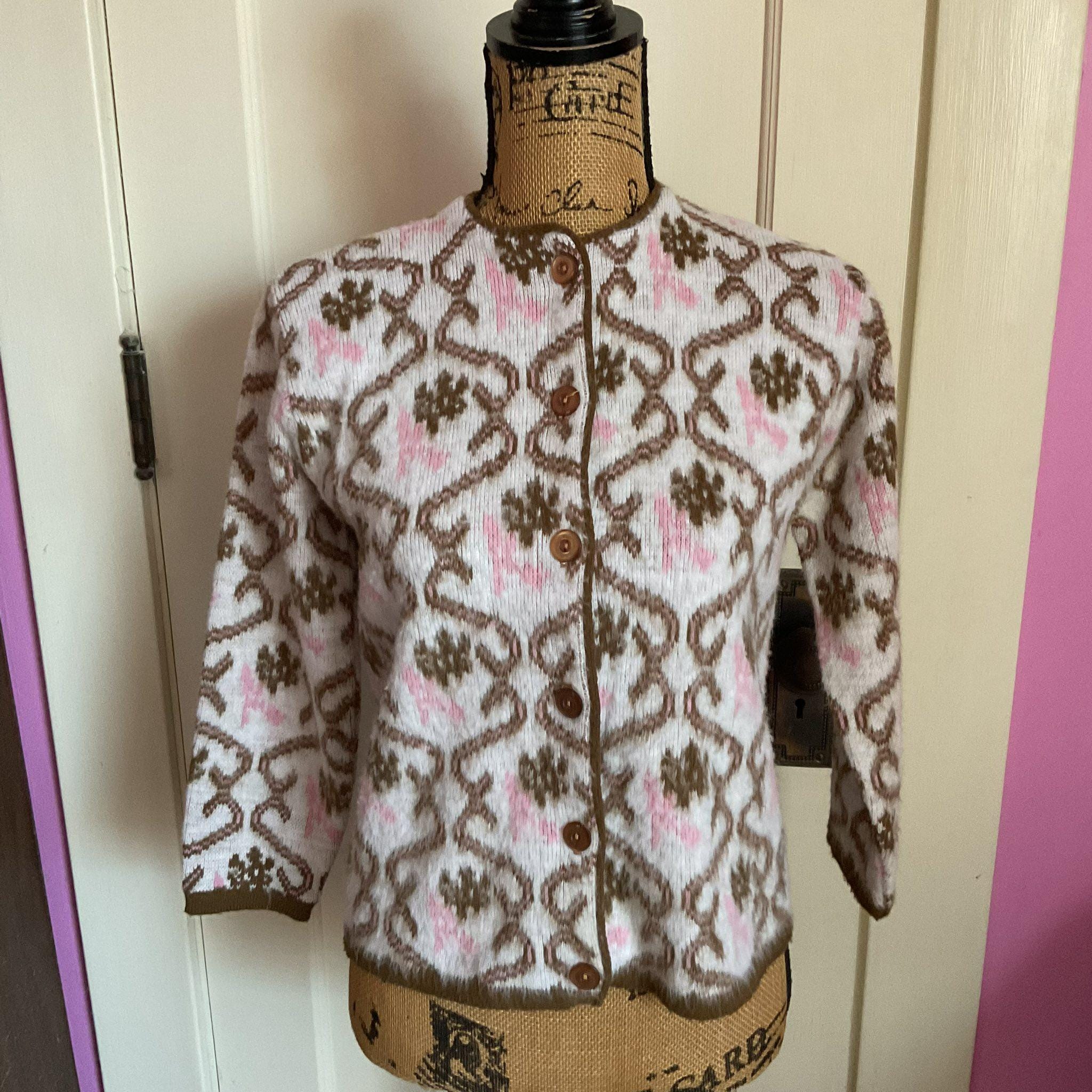 Vintage 1960's Cardigan Sweater Dark Brown Pink off White 100