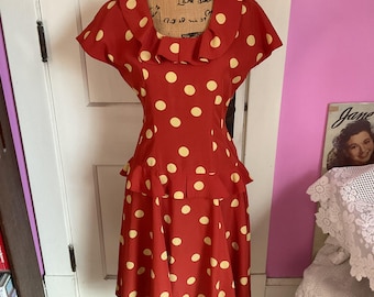 Vintage 1980's Dress (1980's Does 1940's Look) Peplum Large Polka Dots Label *INTERNATIONAL*