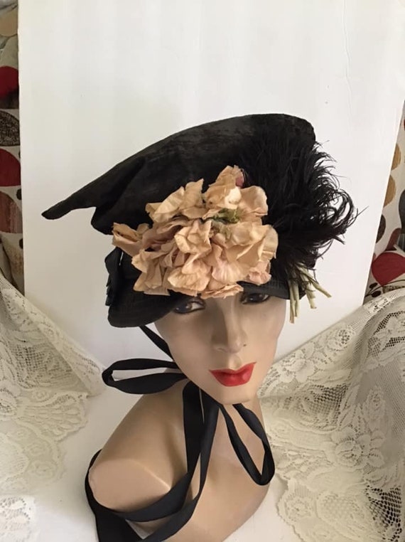 Victorian 1880's 1890's Bonnet Black With Black Ribbons Artificial