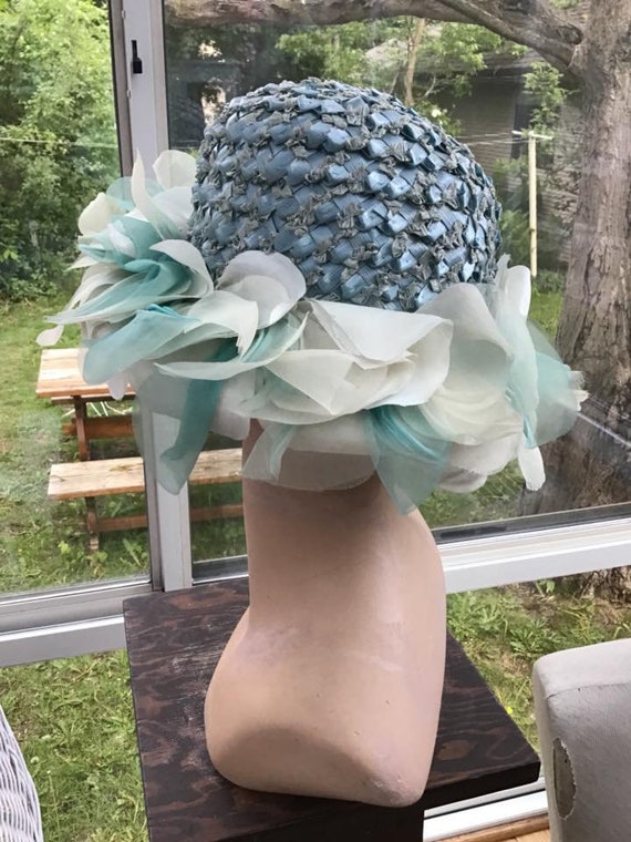 Vintage 1950s 1960s Hat Light Blue Cellophane Str… - image 7