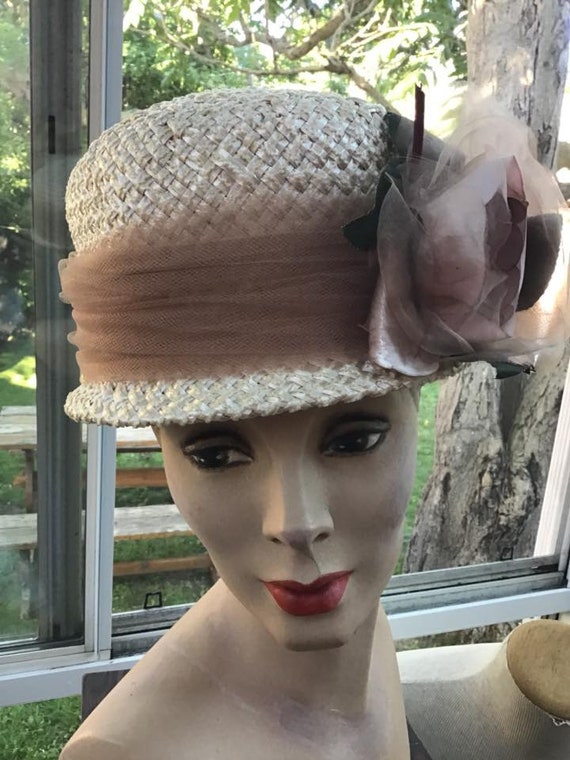 Vintage 1950s 1960s Hat Cellophane Straw With Tul… - image 4