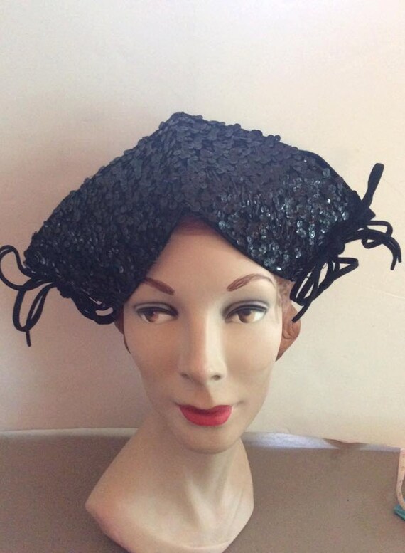Vintage 1930s 1940s Hat Black Wool Felt Sequins