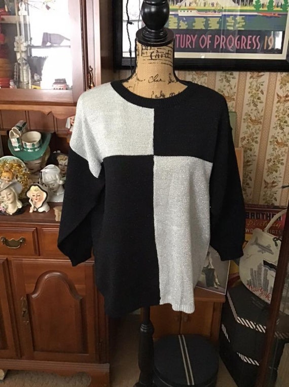 Vintage 1980's Sweater Pullover Black And Silver A