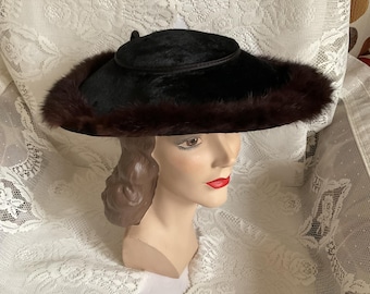 Vintage 1950's Hat Platter Style Genuine Sheared Black Beaver Fur & Brown Rabbit No Makers Label Or Tag