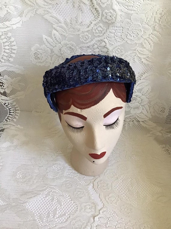 Vintage 1950's Hat Blue Sequins And Velvet No Mak… - image 7