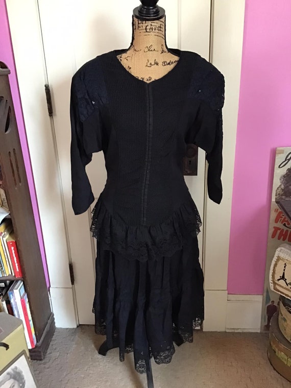 Vintage 1980 s Dress BLACK Fabric Lace Victorian Goth Gothic