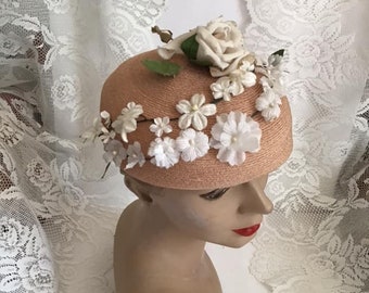 Vintage 1950's Hat Light Beige Straw With Off White Flowers Adorable