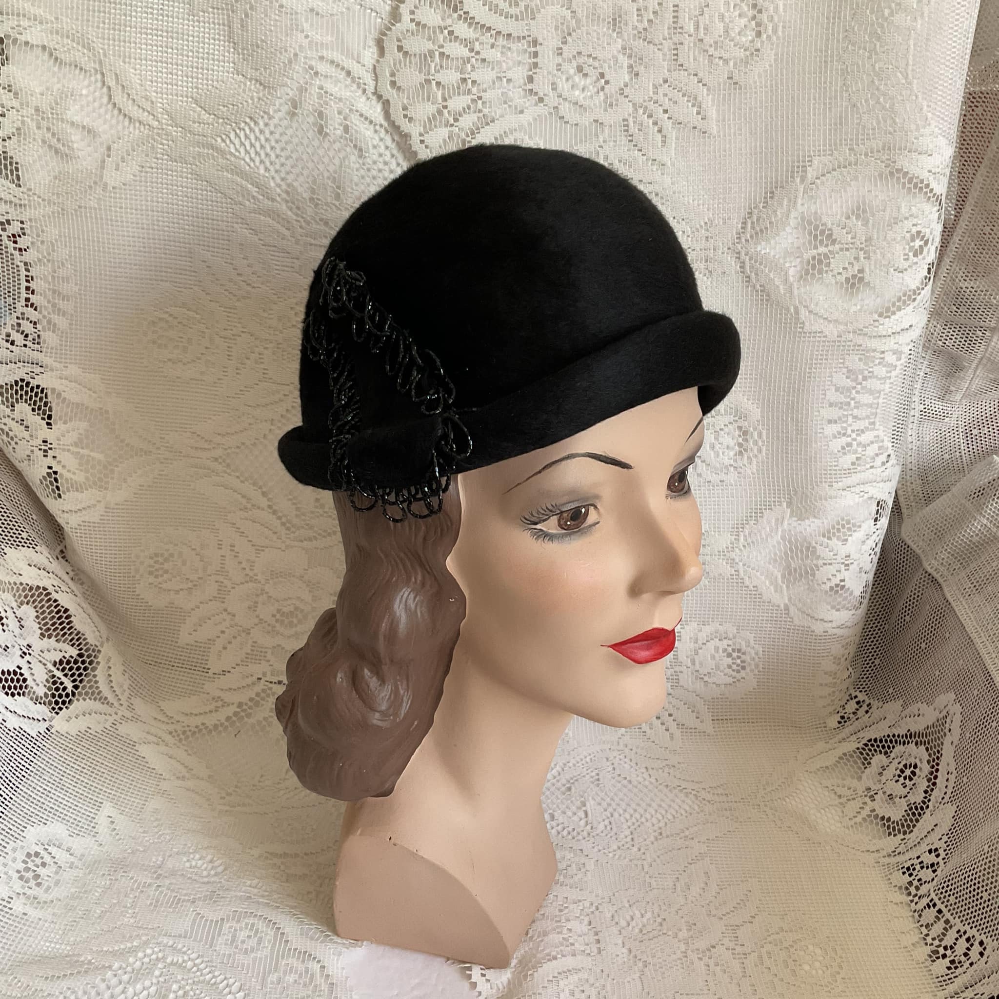 Elegant 60’s Black felt Hat with Beaded and sequined Detail. schiaparelli-black-beaded-  main image 2