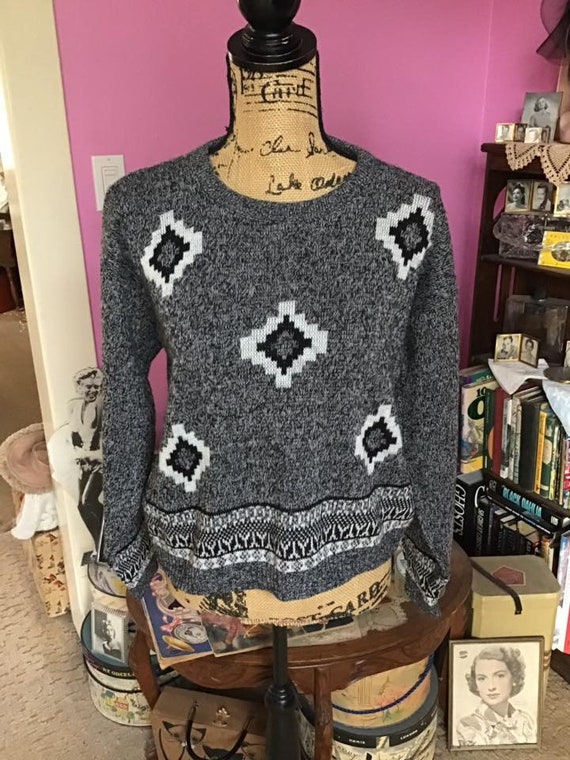 Vintage 1980's 1990's Sweater Gray And Black With… - image 1