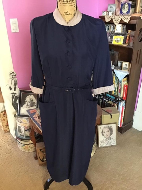 Vintage 1940's 1950's Dress Dark BLUE Rayon Blend… - image 1