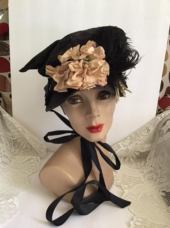 Victorian 1880's 1890's Bonnet Black With Black R… - image 1