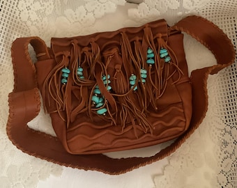 Vintage 1990's Shoulder Bag Crossbody Artisan Designed & Handmade Genuine Deerskin Leather With Turquoise Nuggets On Fringe Sold AS IS!!