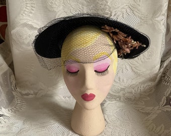 Vintage 1940's Hat Dark Blue With Dusty Pink Flowers And Dark Blue Veiling No Makers Label Or Tag Sold As Is!!