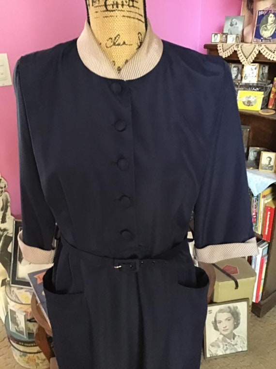 Vintage 1940's 1950's Dress Dark BLUE Rayon Blend… - image 3