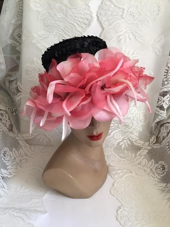 Vintage 1950's 1960's Hat Black Cellophane Straw … - image 9